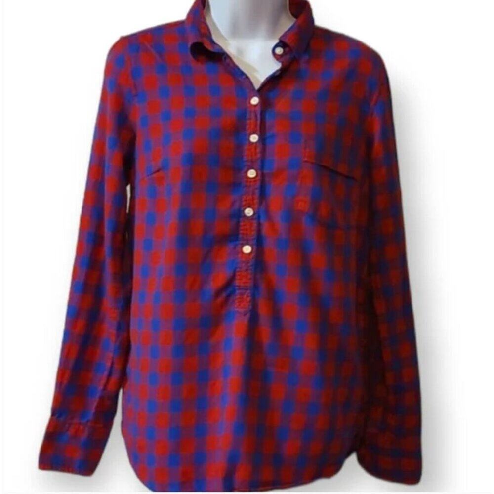 J. Crew 100% Cotton Plaid Shirt Women's Size Small Red Blue Medium weight Excell